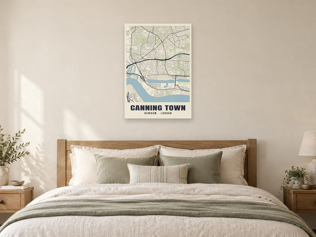 Canning Town Heritage Street Map Poster at A1, as a poster, above a bed
