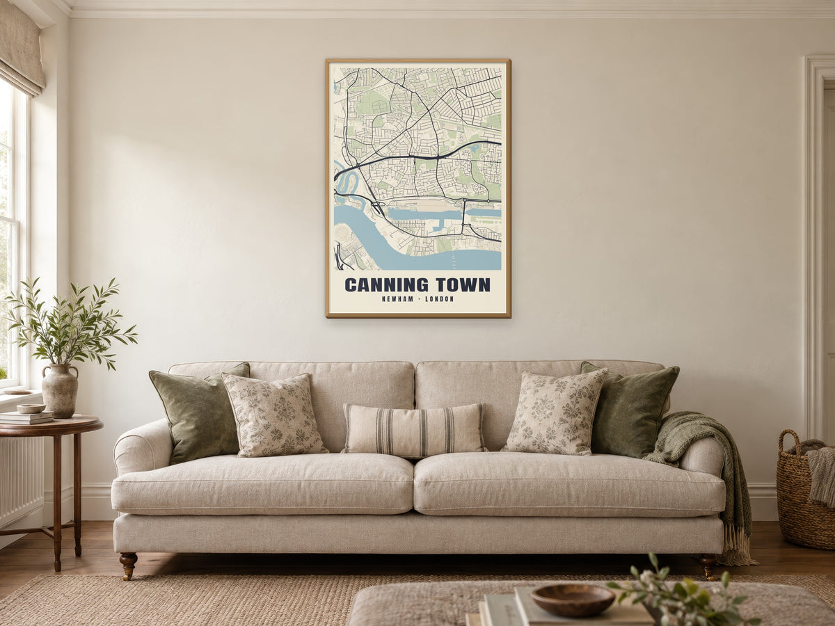 Canning Town Heritage Street Map Poster at A1, in a natural wood frame, in a sitting room