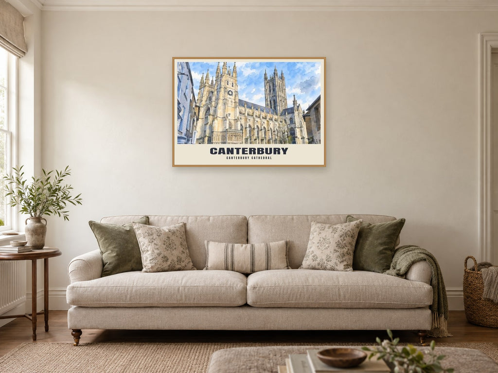 Canterbury Cathedral Poster at A1, in a natural wood frame, in a sitting room