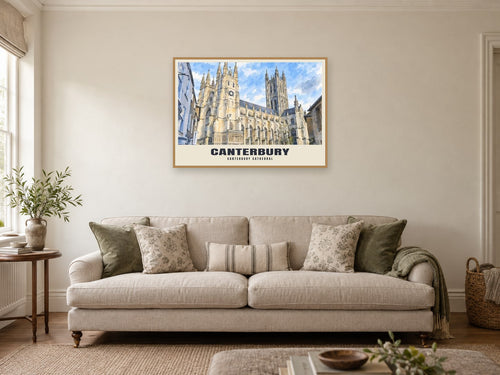 Canterbury Cathedral Poster at A1, in a natural wood frame, in a sitting room
