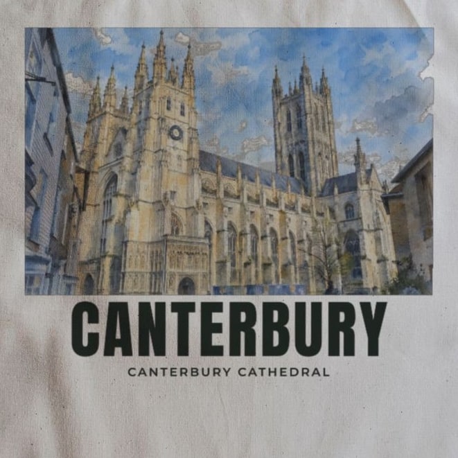 Close-up of the Canterbury Cathedral drawing and lettering printed on natural cotton