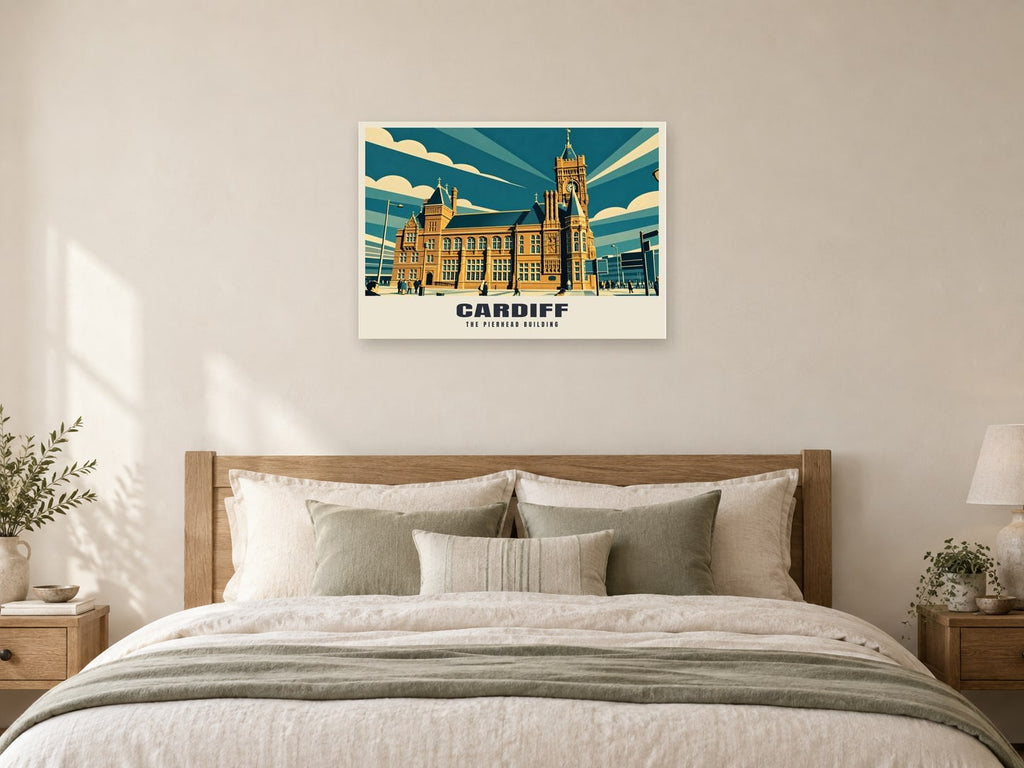 The Pierhead Building, Cardiff Poster at A1, as a poster, above a bed