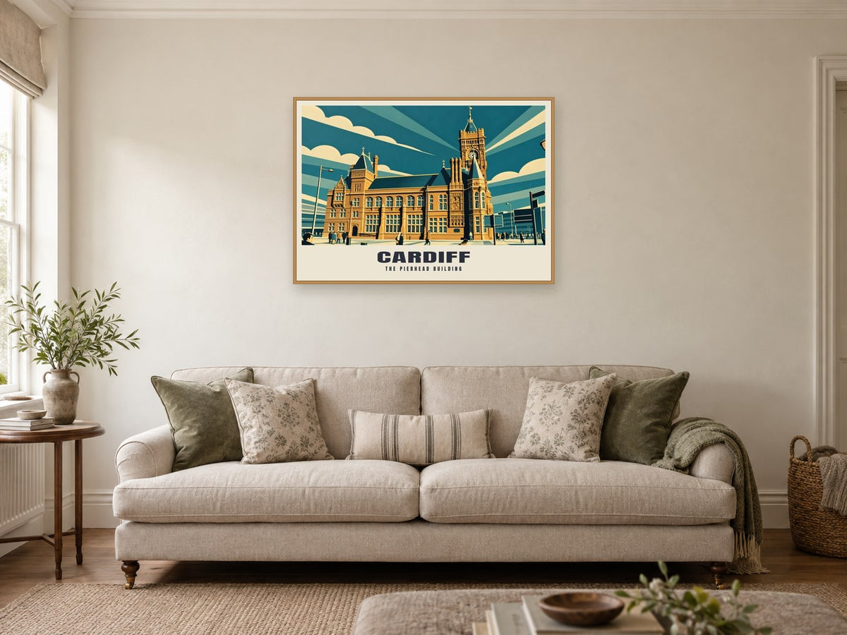 The Pierhead Building, Cardiff Poster at A1, in a natural wood frame, in a sitting room