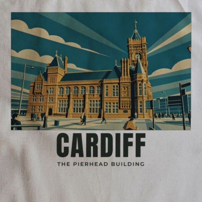 Close-up of the The Pierhead Building, Cardiff drawing and lettering printed on natural cotton