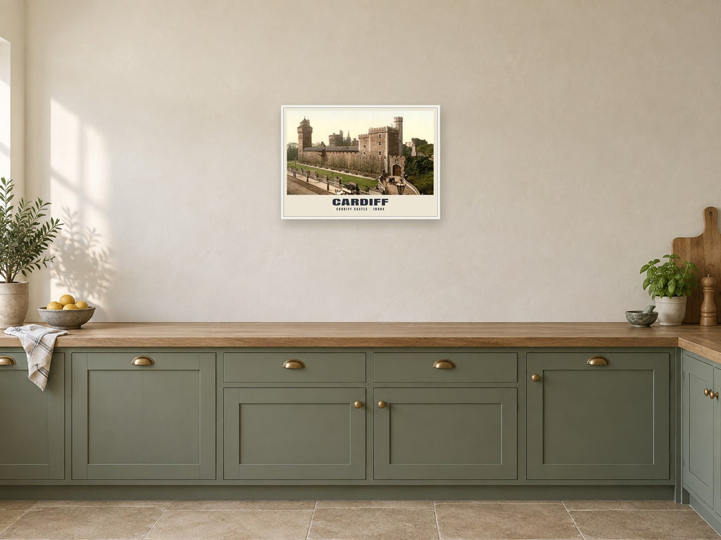 Cardiff Castle, 1890s Heritage Print at A2, in a white frame, in a kitchen
