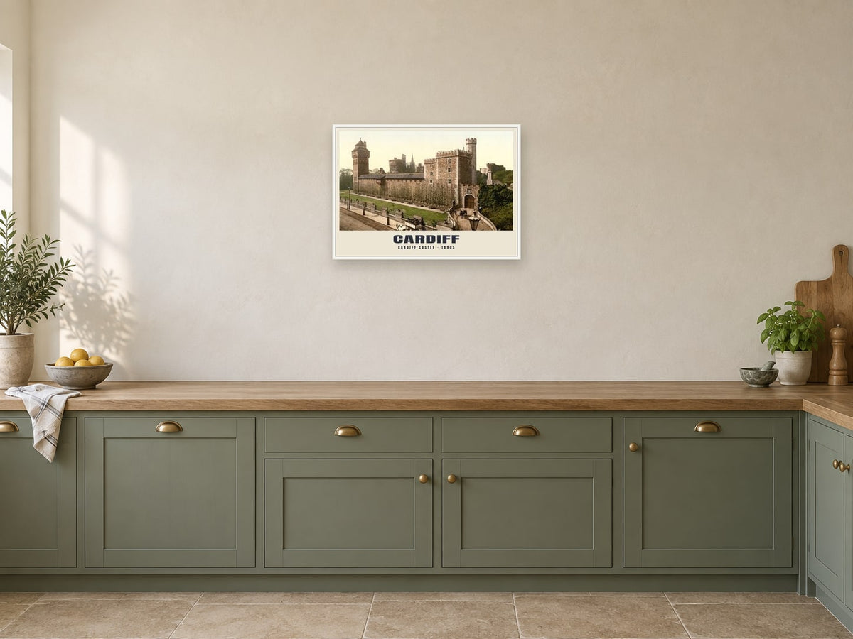 Cardiff Castle, 1890s Heritage Print at A2, in a white frame, in a kitchen