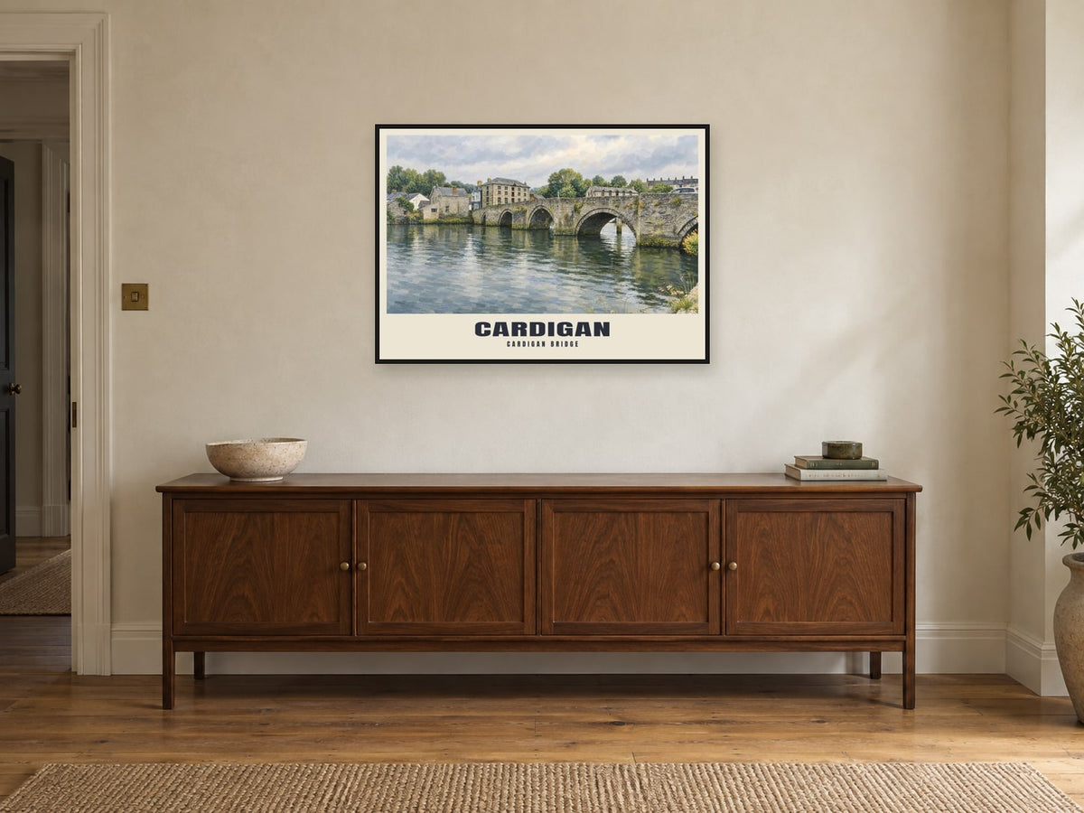 Cardigan Bridge Poster at A1, in a black frame, above a sideboard