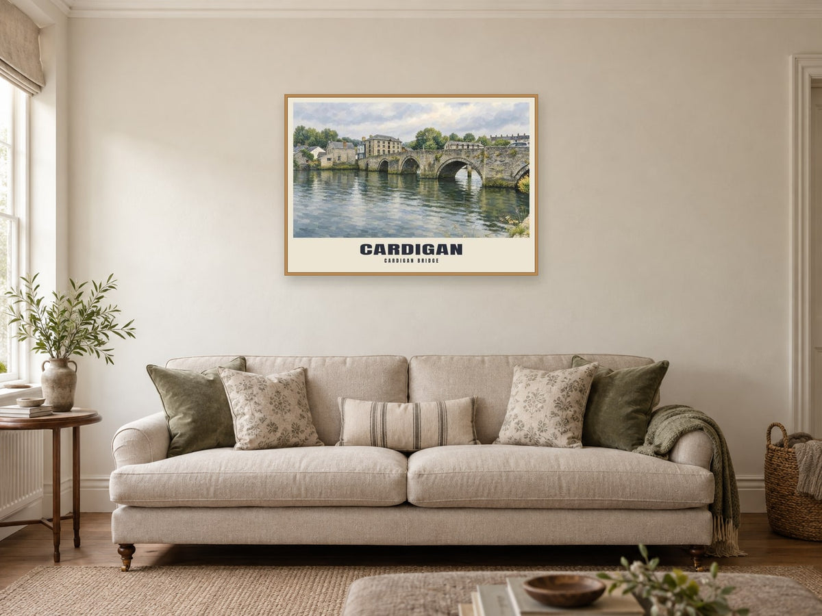 Cardigan Bridge Poster at A1, in a natural wood frame, in a sitting room