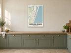 Carolina Beach Street Map Poster at A1, in a white frame, in a kitchen