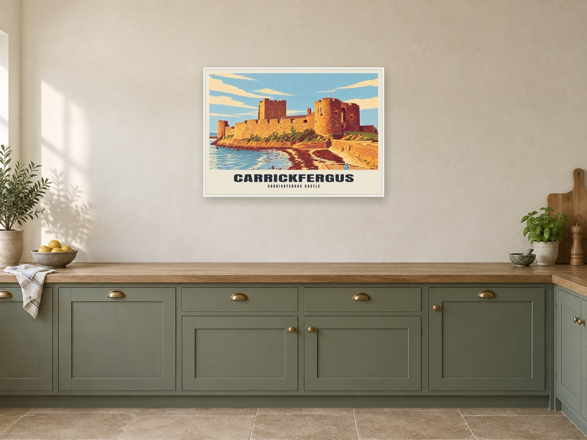 Carrickfergus Castle Poster at A1, in a white frame, in a kitchen