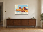 Carrickfergus Castle Poster at A1, in a black frame, above a sideboard