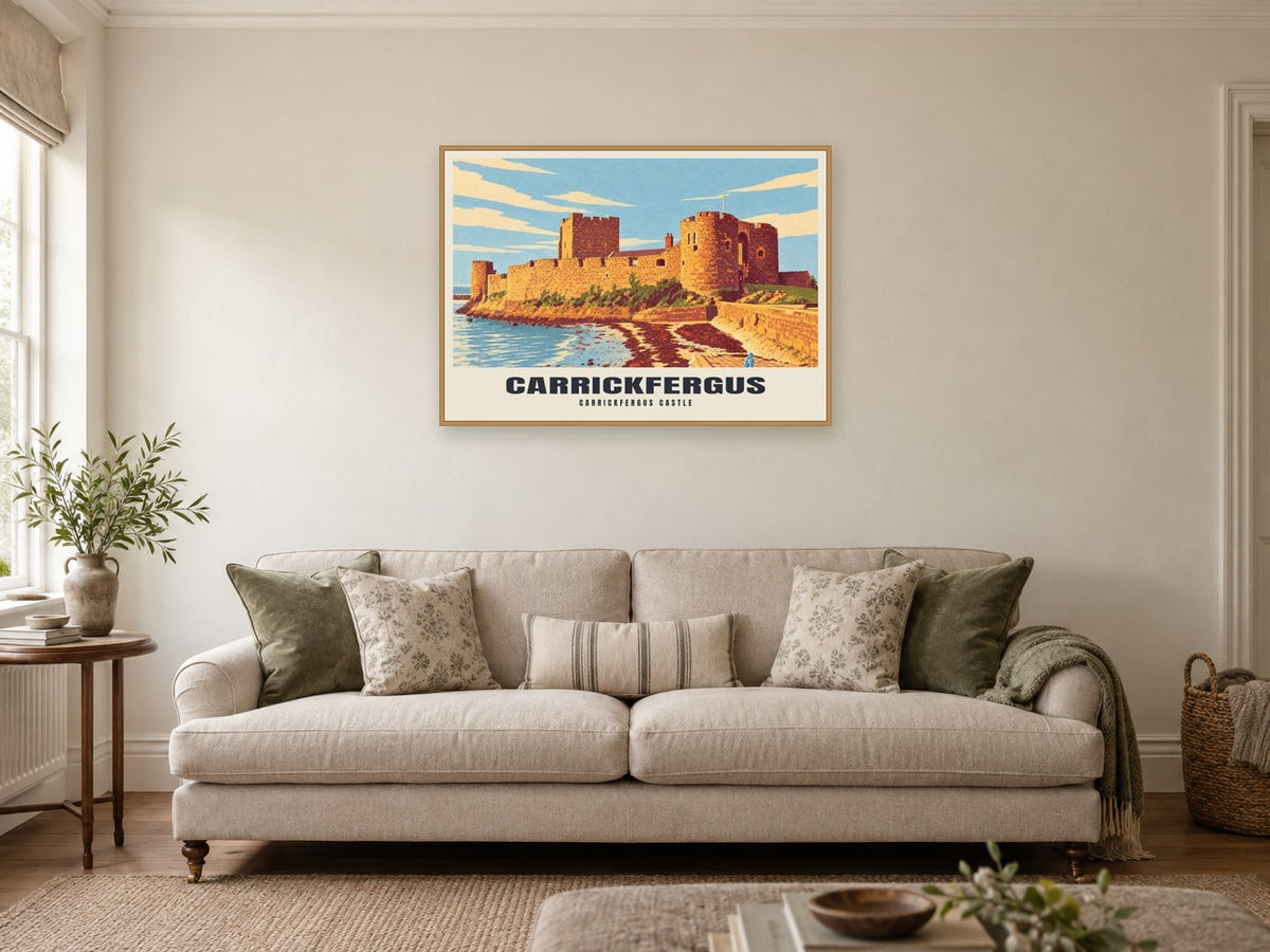 Carrickfergus Castle Poster at A1, in a natural wood frame, in a sitting room