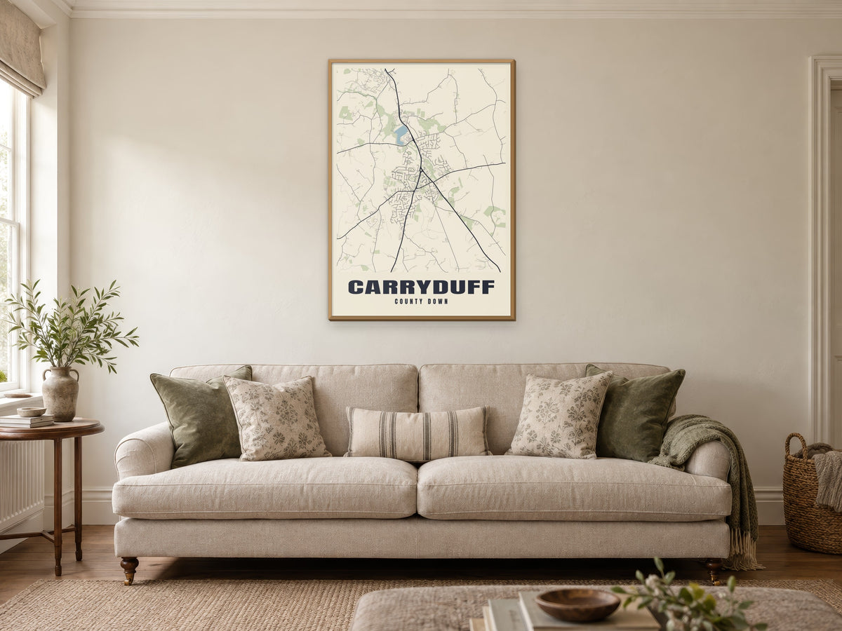 Carryduff Street Map Poster at A1, in a natural wood frame, in a sitting room