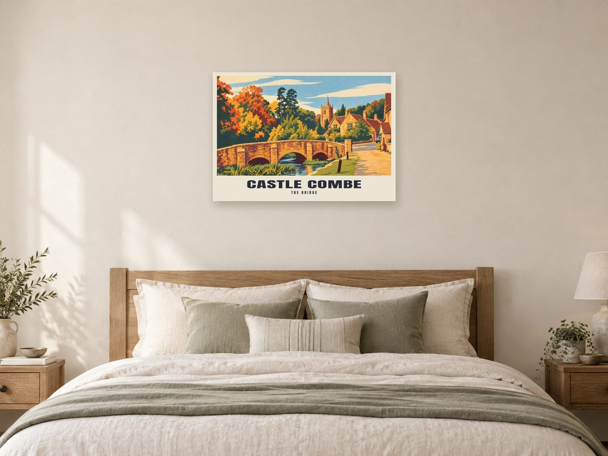 The Bridge, Castle Combe Poster at A1, as a poster, above a bed