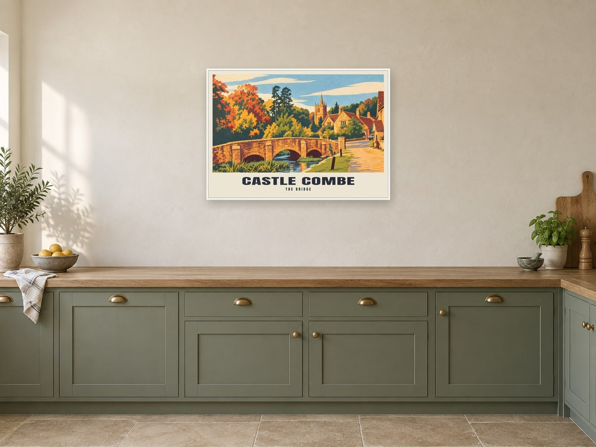 The Bridge, Castle Combe Poster at A1, in a white frame, in a kitchen