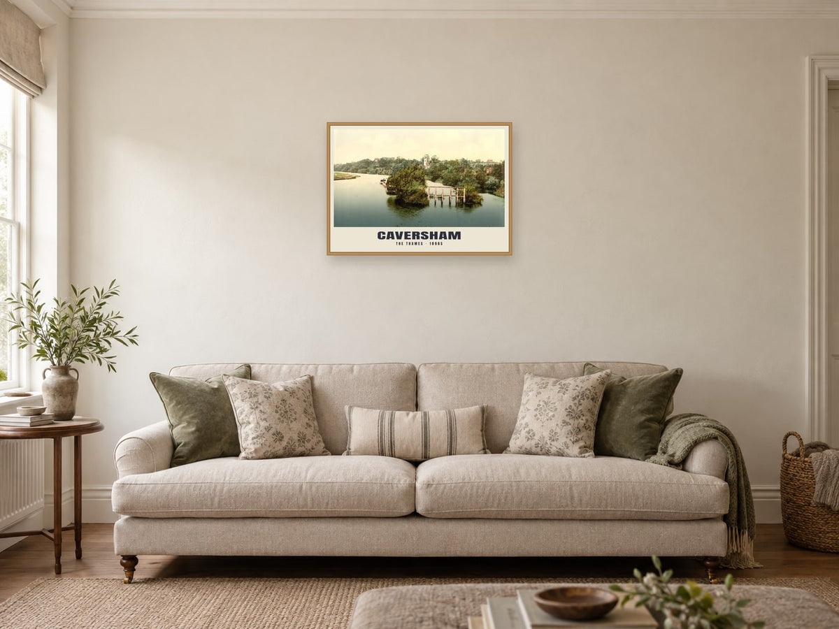 The Thames at Caversham, 1890s Heritage Print at A2, in a natural wood frame, in a sitting room