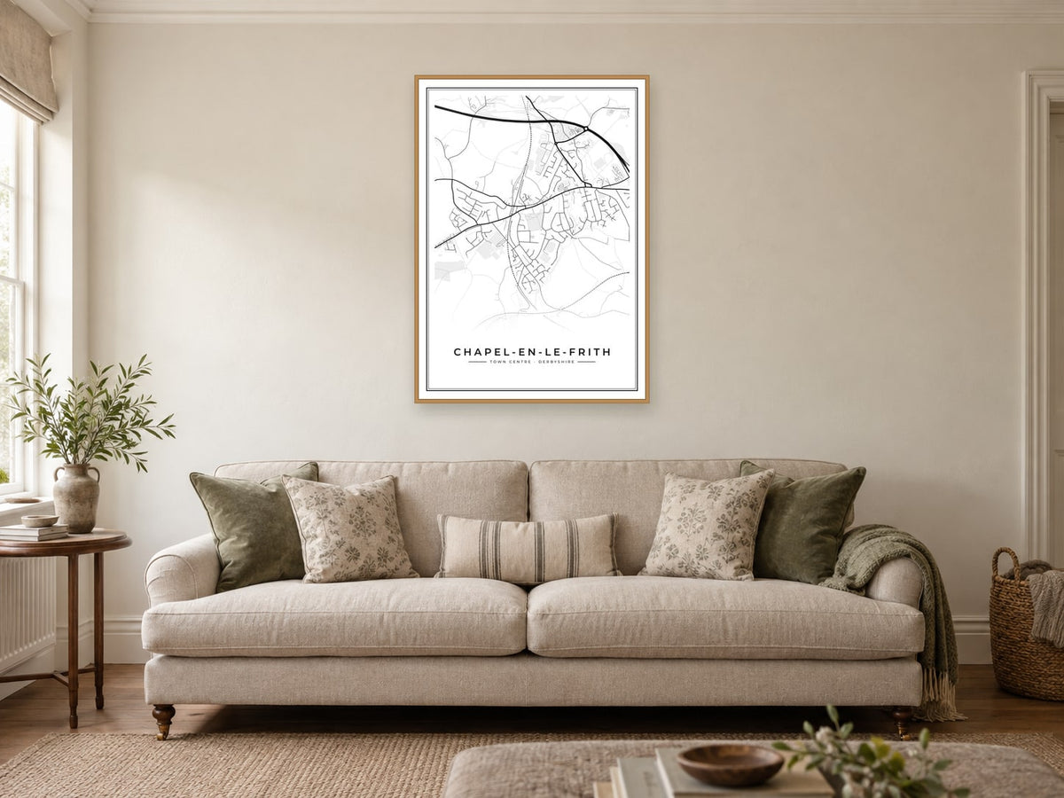 Chapel-en-le-Frith Town Centre Street Map Poster at A1, in a natural wood frame, in a sitting room