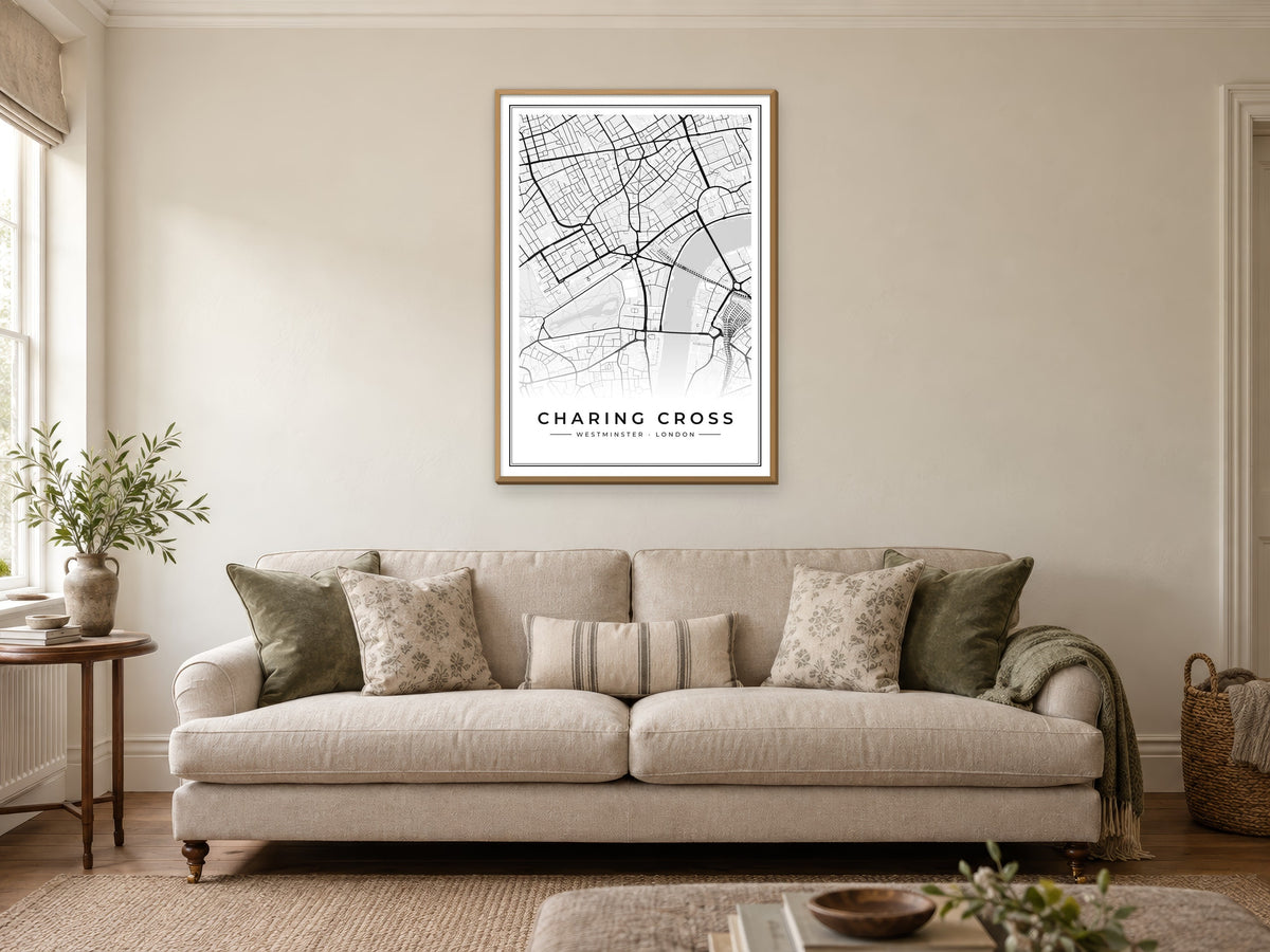 Charing Cross Street Map Poster at A1, in a natural wood frame, in a sitting room