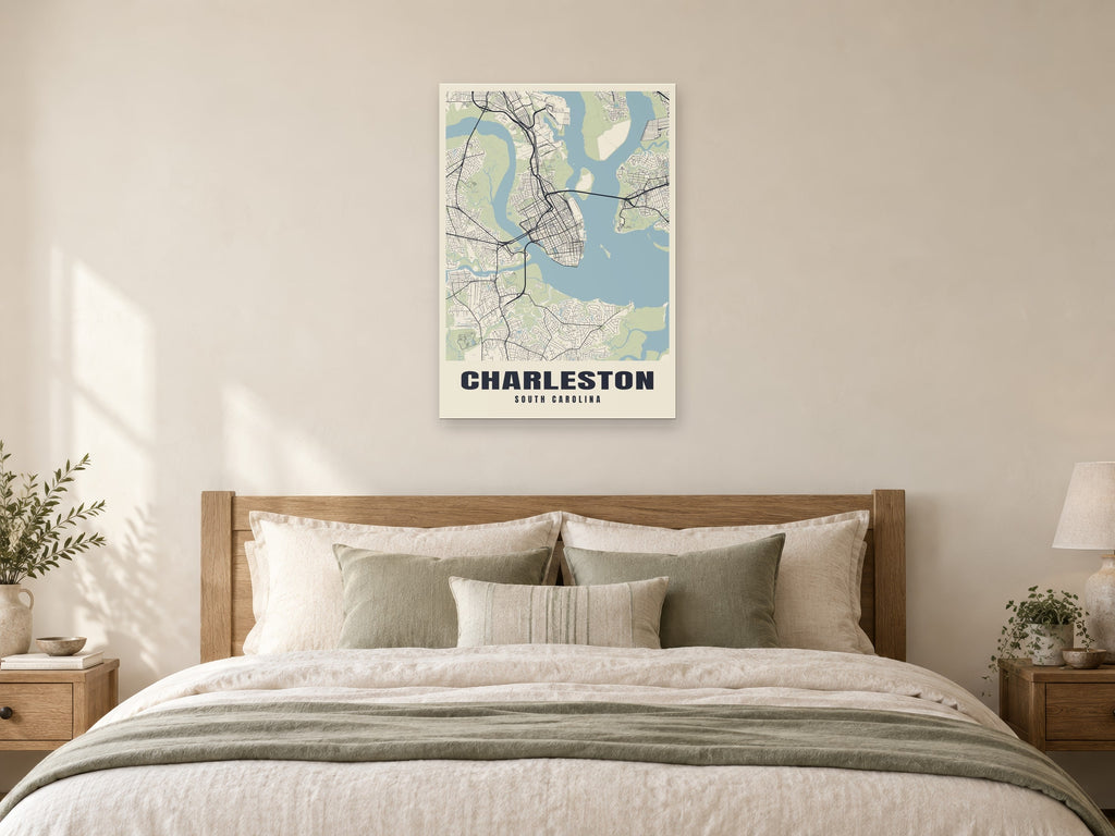 Charleston Street Map Poster at A1, as a poster, above a bed
