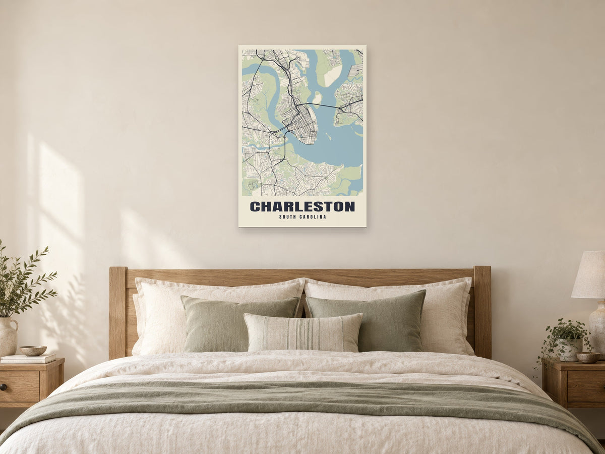 Charleston Street Map Poster at A1, as a poster, above a bed