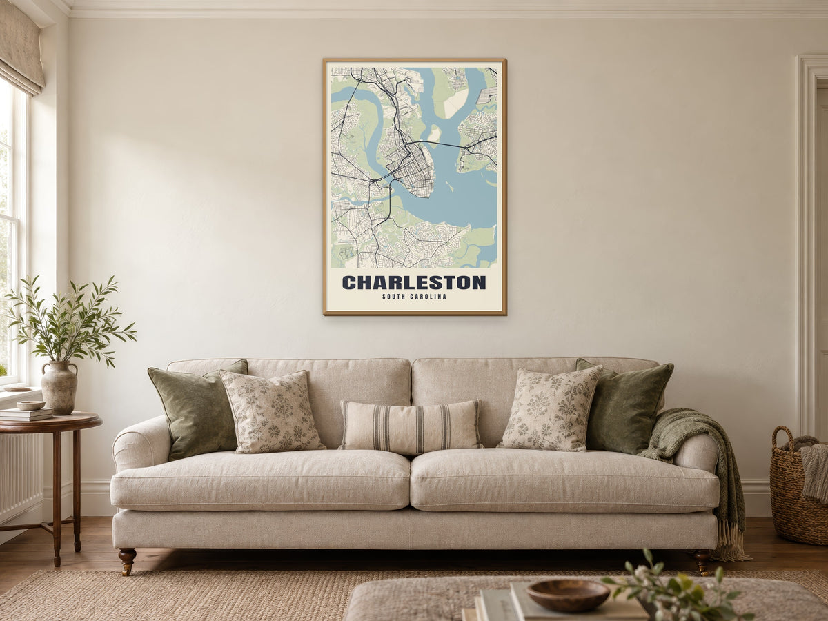 Charleston Street Map Poster at A1, in a natural wood frame, in a sitting room