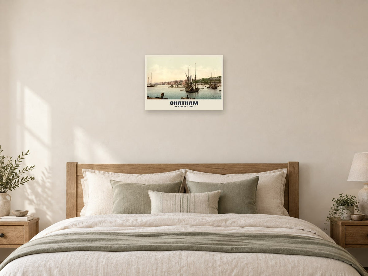 The Medway, Chatham, 1890s Heritage Print at A2, as a poster, above a bed