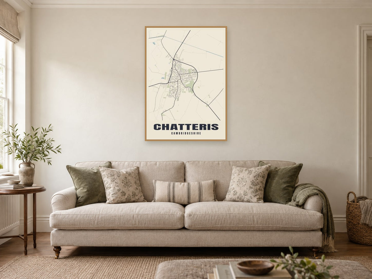 Chatteris Street Map Poster at A1, in a natural wood frame, in a sitting room