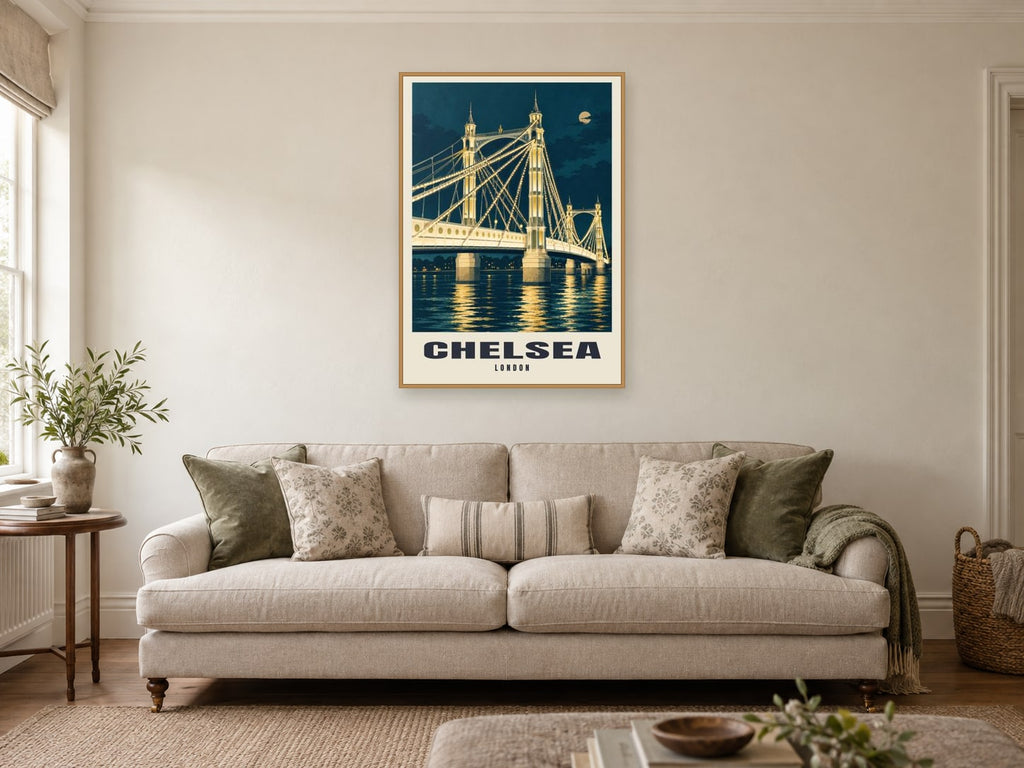 Chelsea Poster — Albert Bridge at A1, in a natural wood frame, in a sitting room