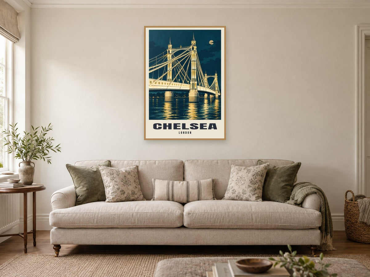 Chelsea Poster — Albert Bridge at A1, in a natural wood frame, in a sitting room