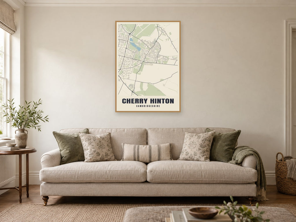 Cherry Hinton Street Map Poster at A1, in a natural wood frame, in a sitting room