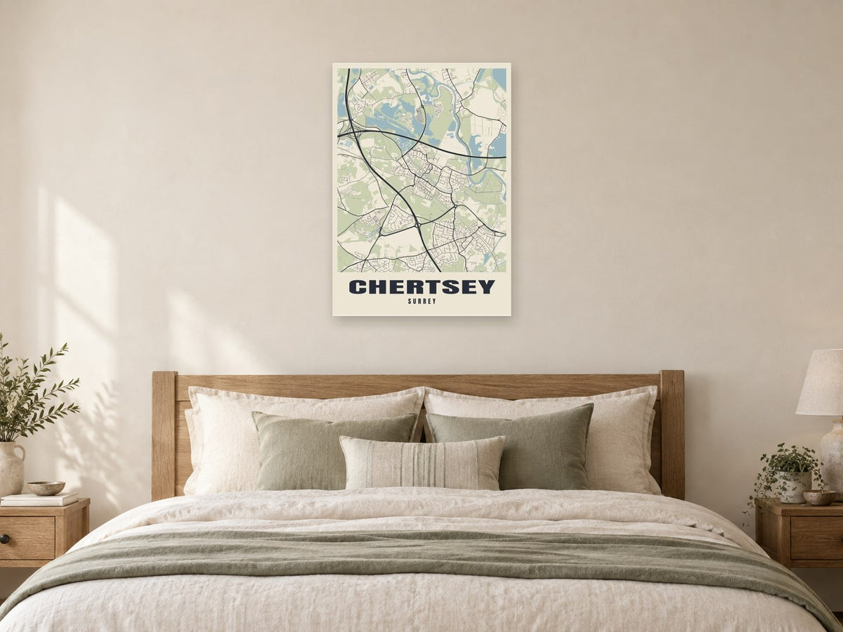 Chertsey Street Map Poster at A1, as a poster, above a bed