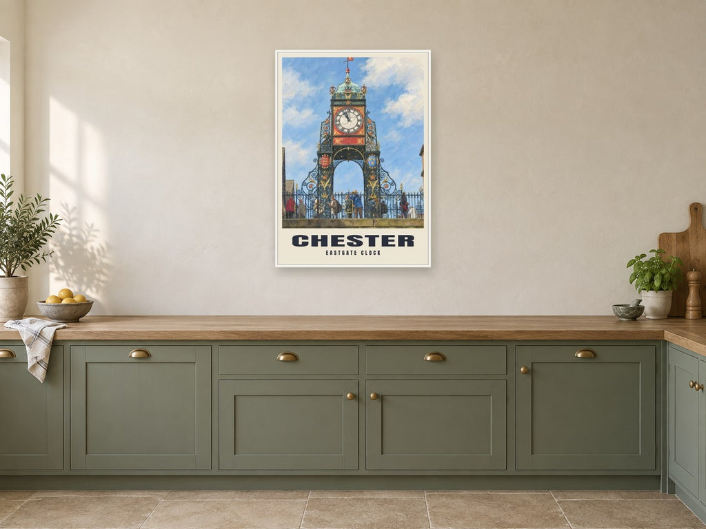 Eastgate Clock, Chester Poster at A1, in a white frame, in a kitchen