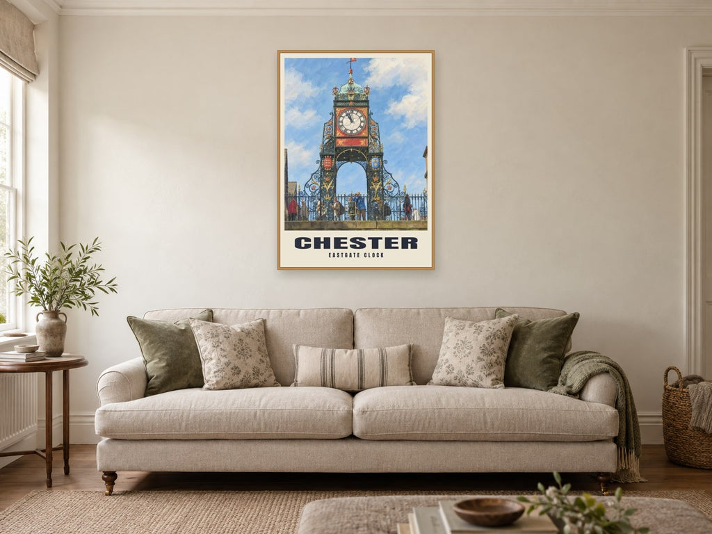 Eastgate Clock, Chester Poster at A1, in a natural wood frame, in a sitting room