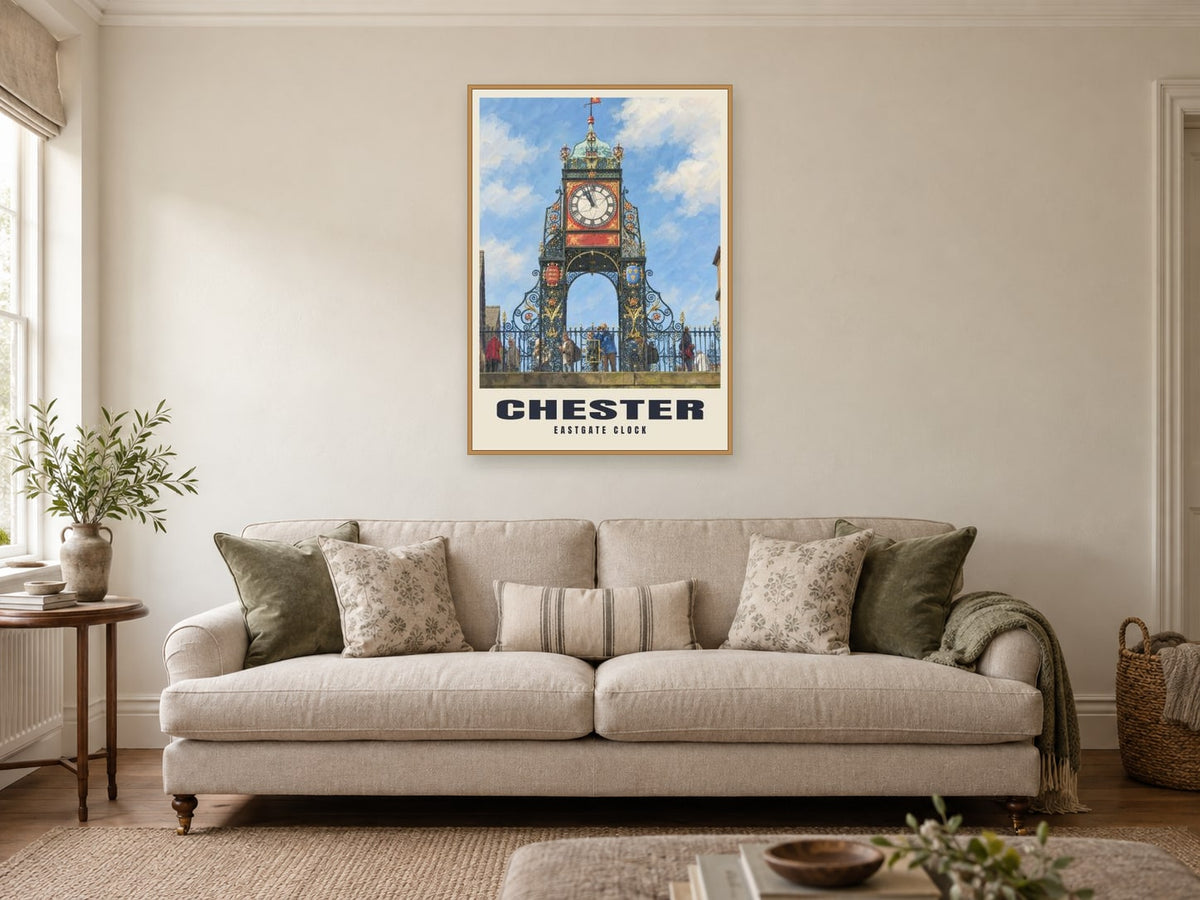 Eastgate Clock, Chester Poster at A1, in a natural wood frame, in a sitting room