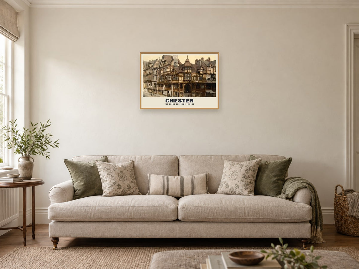 The Cross and Rows, Chester Poster at A2, in a natural wood frame, in a sitting room