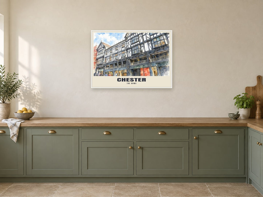 The Rows, Chester Poster at A1, in a white frame, in a kitchen
