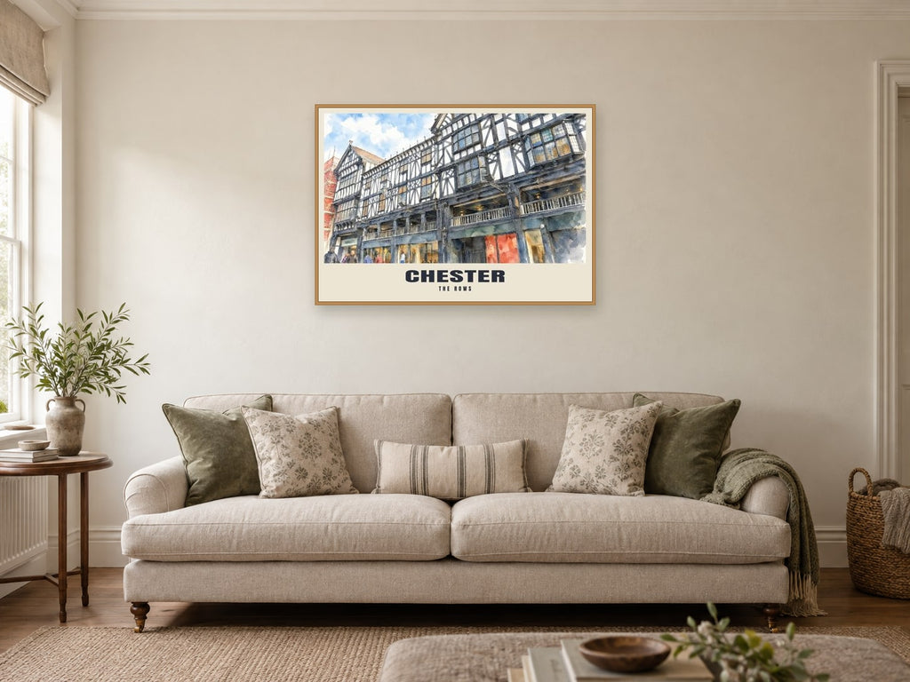 The Rows, Chester Poster at A1, in a natural wood frame, in a sitting room