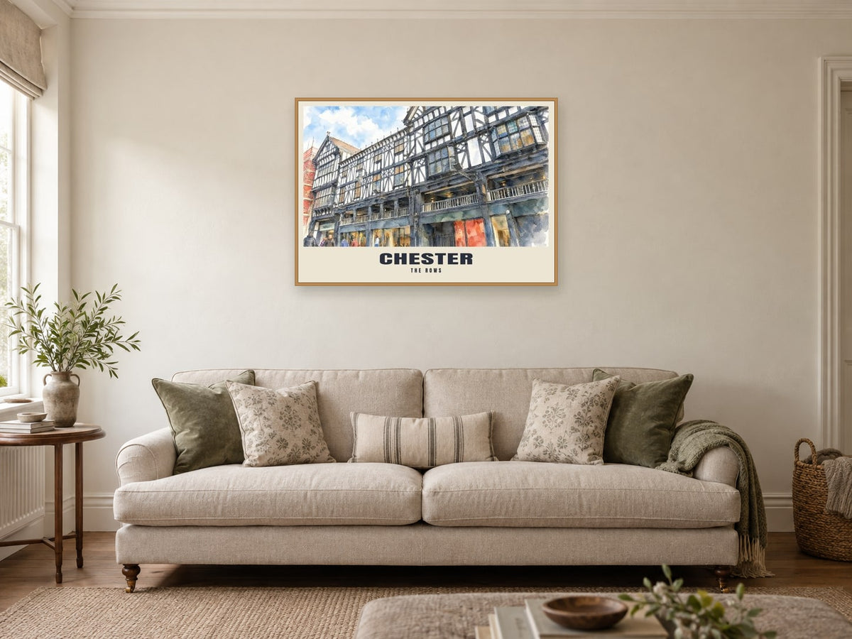 The Rows, Chester Poster at A1, in a natural wood frame, in a sitting room