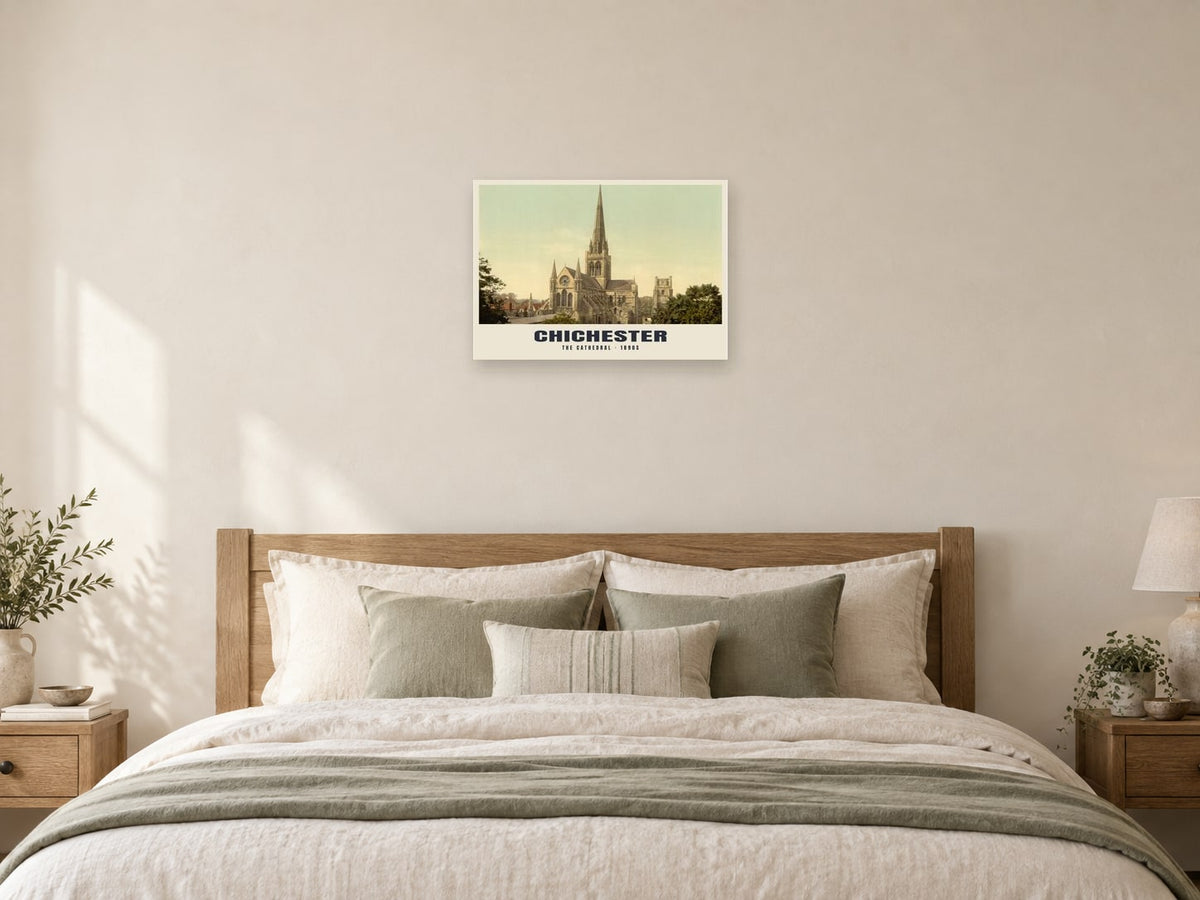 The Cathedral, Chichester, 1890s Heritage Print at A2, as a poster, above a bed