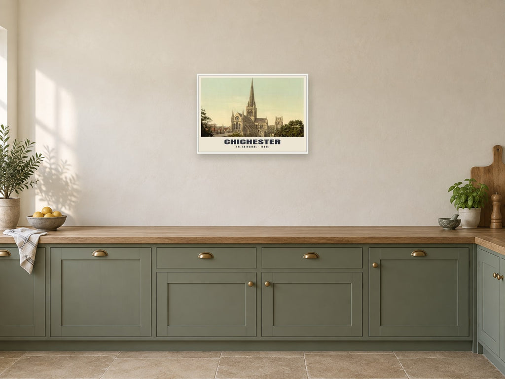 The Cathedral, Chichester, 1890s Heritage Print at A2, in a white frame, in a kitchen