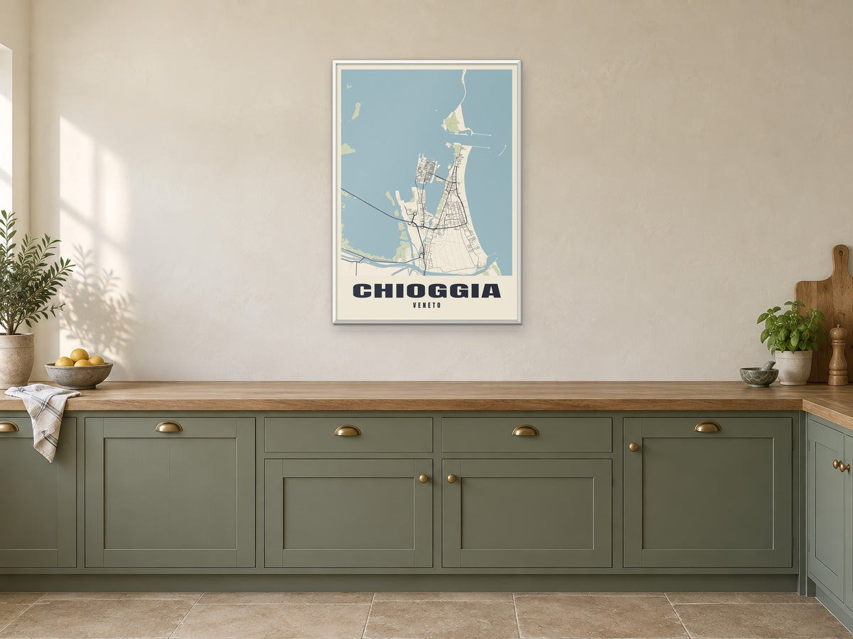 Chioggia Street Map Poster at A1, in a white frame, in a kitchen