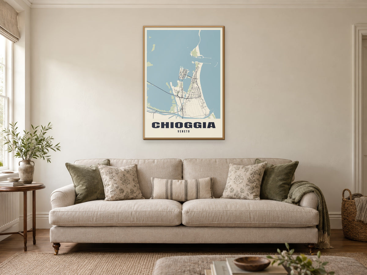 Chioggia Street Map Poster at A1, in a natural wood frame, in a sitting room