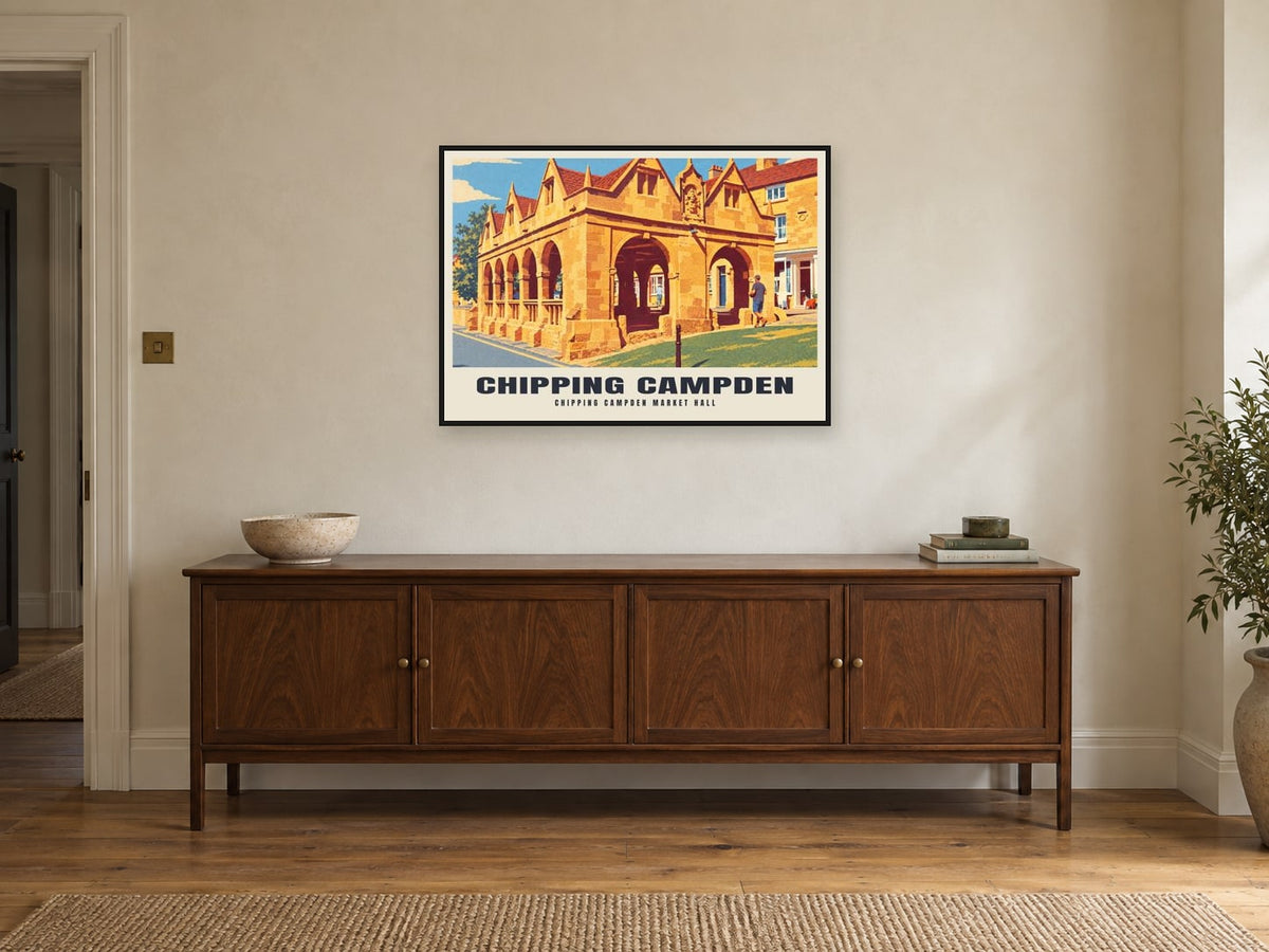 Chipping Campden Market Hall Poster at A1, in a black frame, above a sideboard