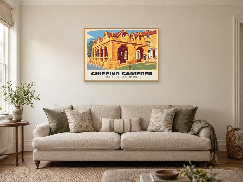 Chipping Campden Market Hall Poster at A1, in a natural wood frame, in a sitting room