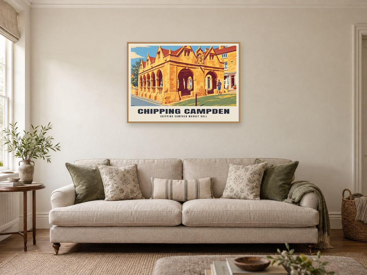 Chipping Campden Market Hall Poster at A1, in a natural wood frame, in a sitting room