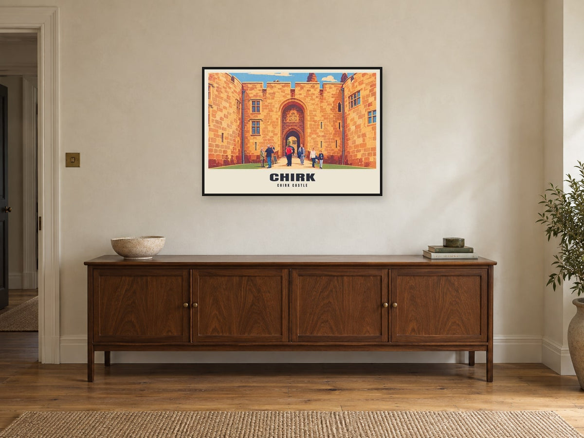 Chirk Castle Poster at A1, in a black frame, above a sideboard