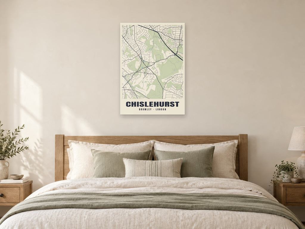 Chislehurst Heritage Street Map Poster at A1, as a poster, above a bed