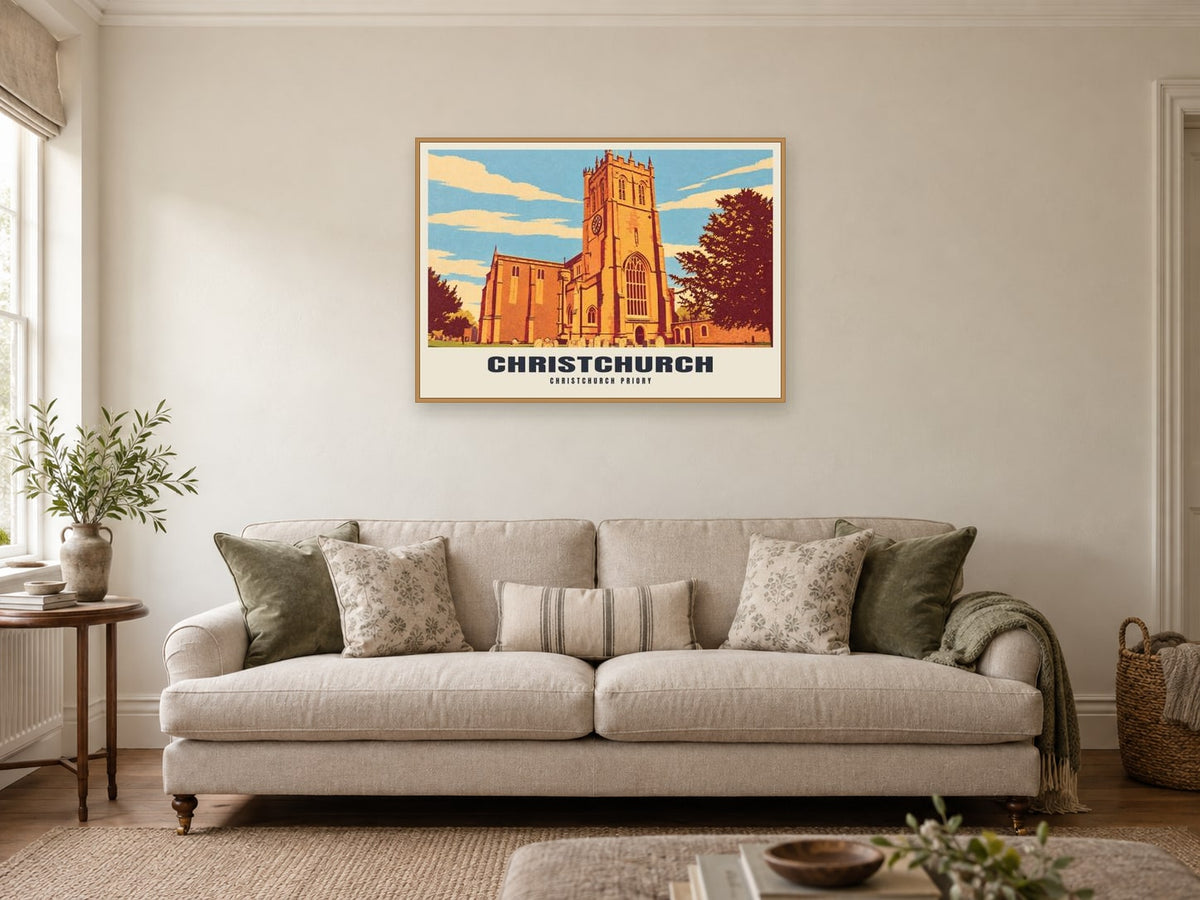 Christchurch Priory Poster at A1, in a natural wood frame, in a sitting room