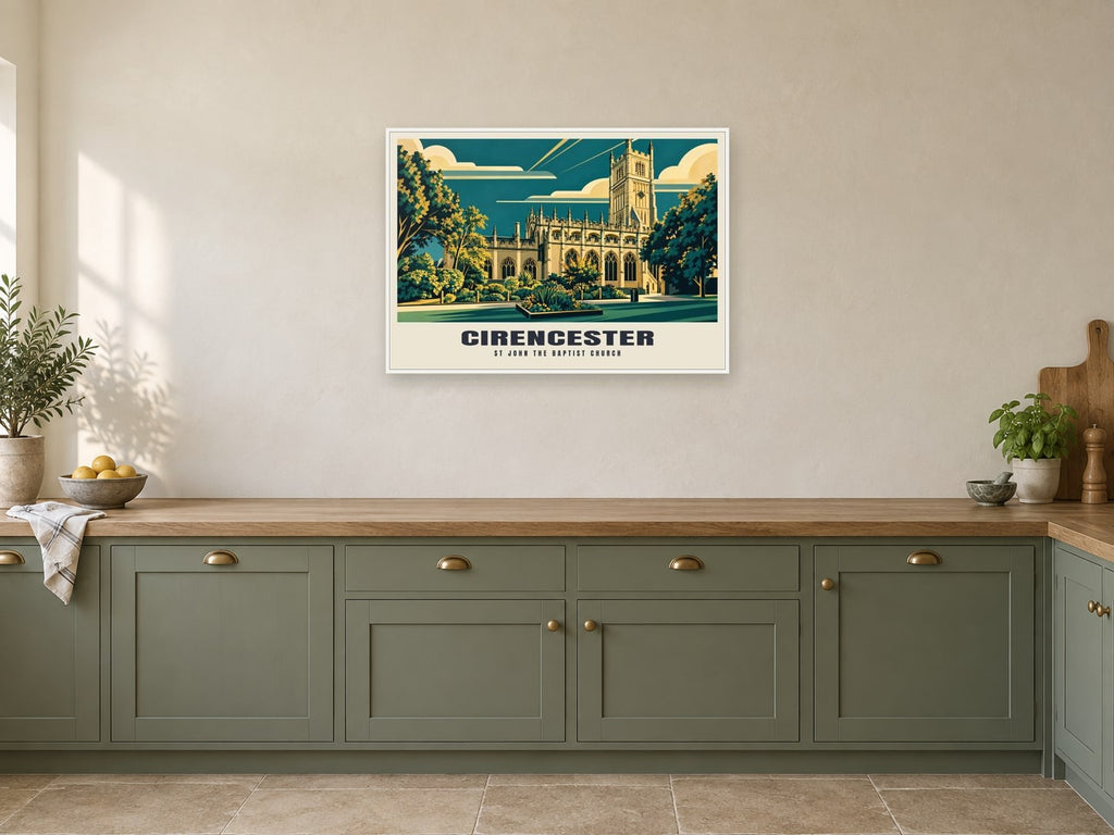 St John the Baptist Church, Cirencester Poster at A1, in a white frame, in a kitchen