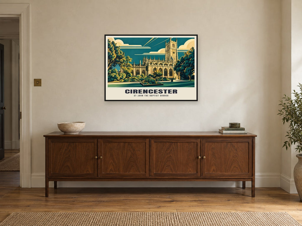 St John the Baptist Church, Cirencester Poster at A1, in a black frame, above a sideboard